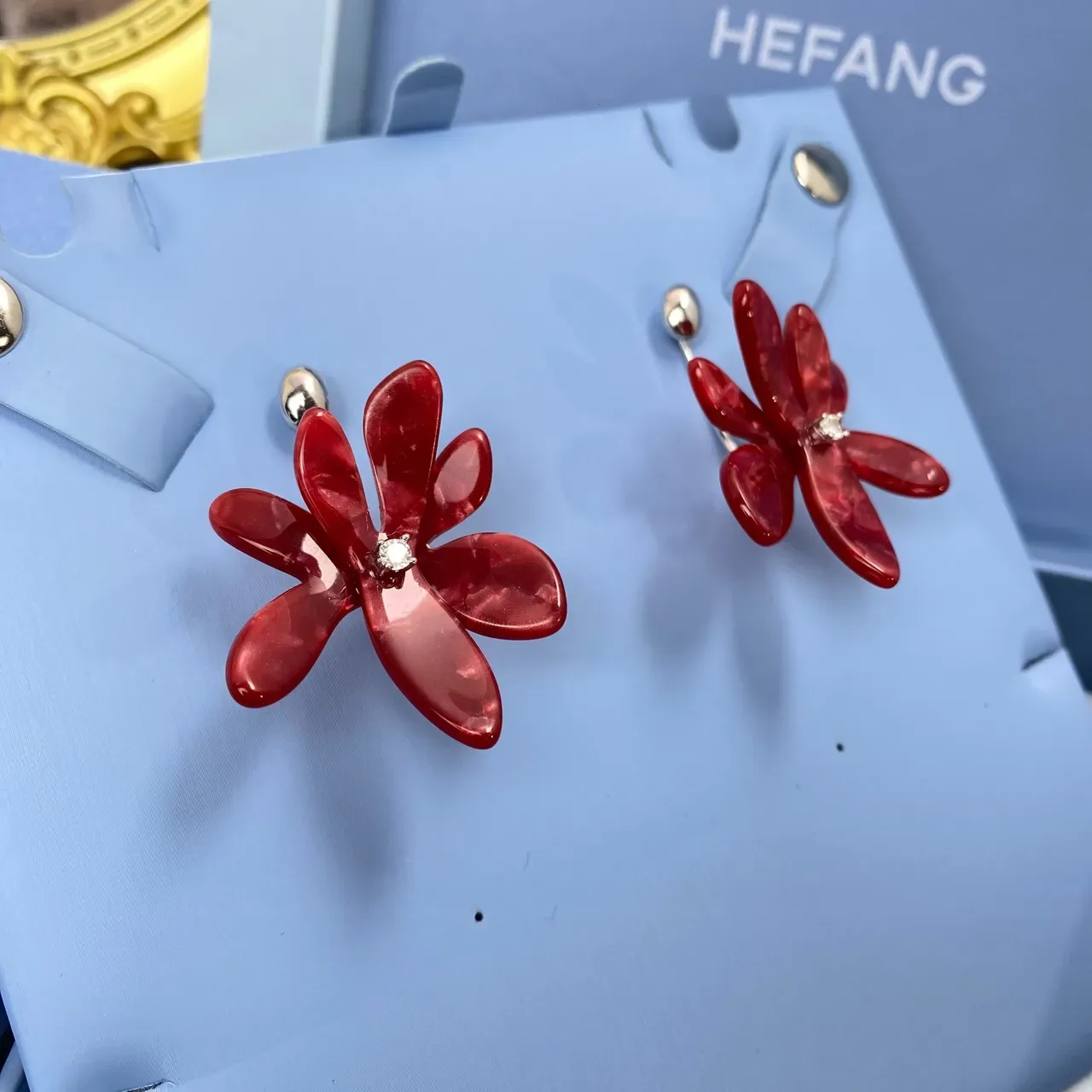 HEFANG Red Silver Floral Motif Glossy Resin Petals Earrings 7