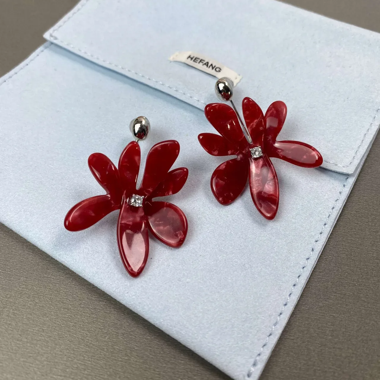 HEFANG Red Silver Floral Motif Glossy Resin Petals Earrings 8