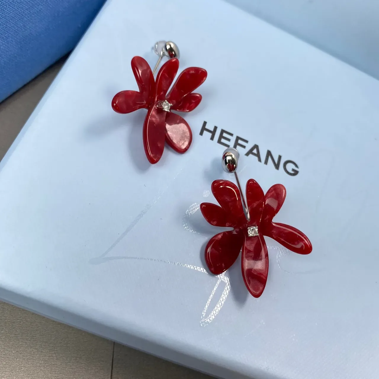 HEFANG Red Silver Floral Motif Glossy Resin Petals Earrings 9