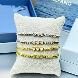 HEFANG سوار سلسلة خرز فضية ذهبية مع زخارف حجرية على شكل قلب