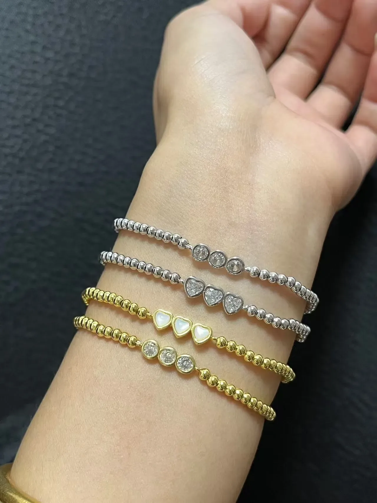 HEFANG Silver Gold Beaded Chain Heart-Shaped Stone Accents Bracelet 2