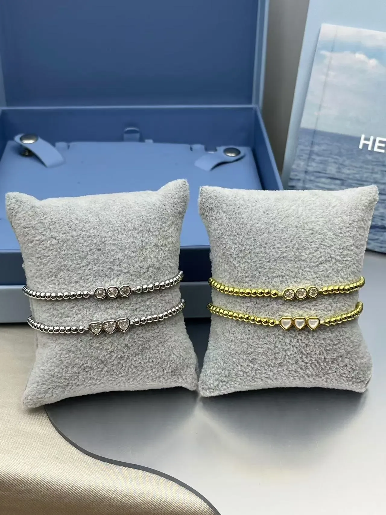 HEFANG Silver Gold Beaded Chain Heart-Shaped Stone Accents Bracelet 3