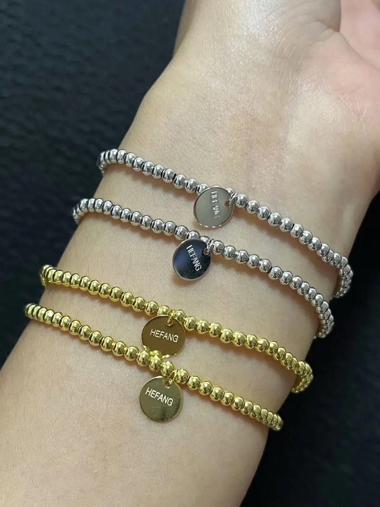 HEFANG Silver Gold Beaded Chain Heart-Shaped Stone Accents Bracelet 4