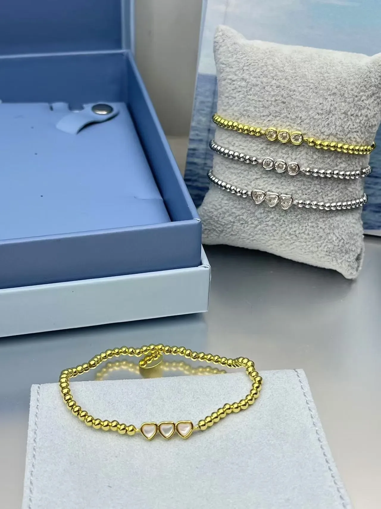 HEFANG Silver Gold Beaded Chain Heart-Shaped Stone Accents Bracelet 5