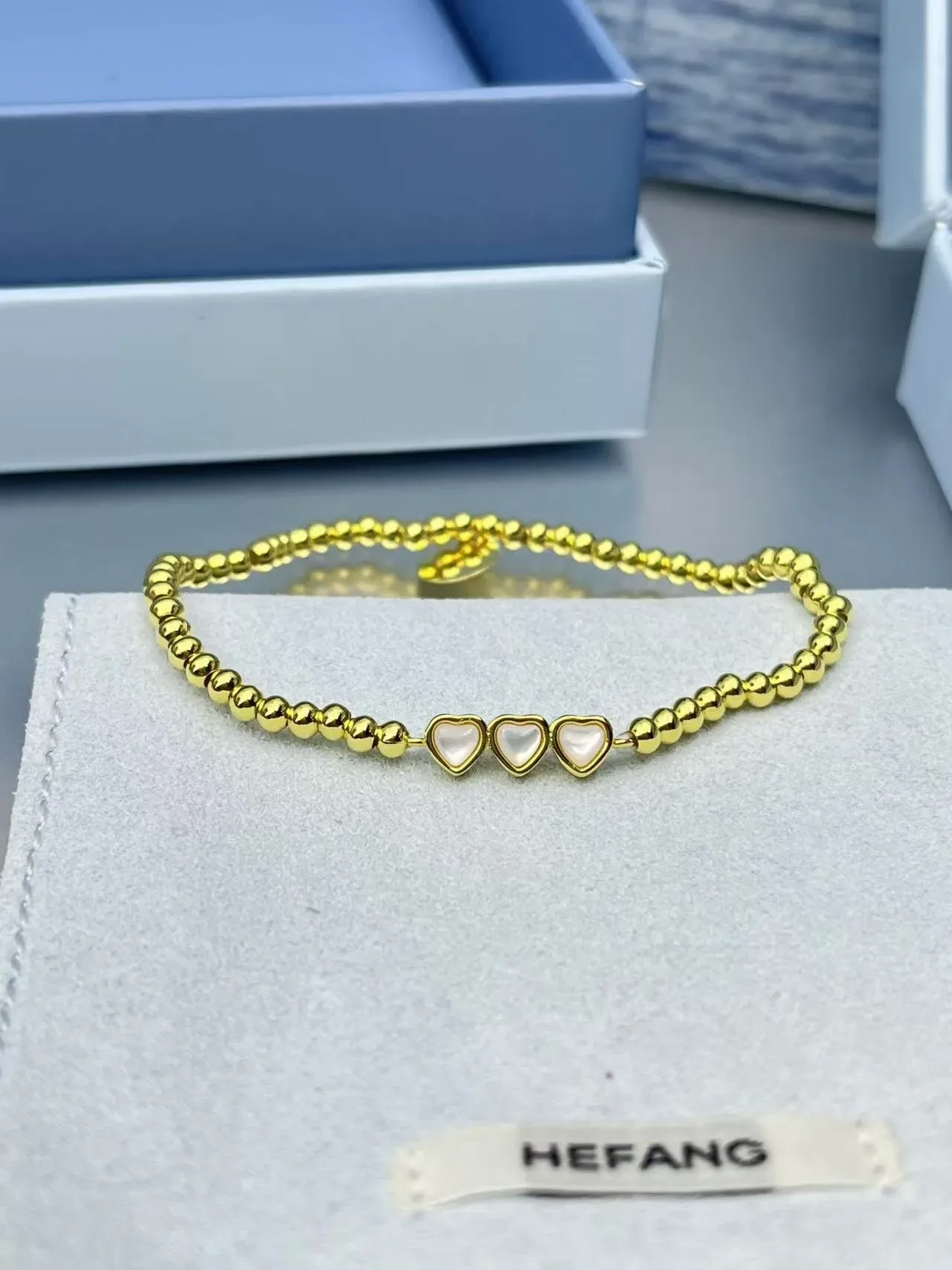 HEFANG Silver Gold Beaded Chain Heart-Shaped Stone Accents Bracelet 7