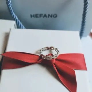 HEFANG Silver Red Chain-Link Band Pavé-Set Stones Ring