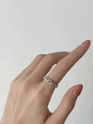 HEFANG Silver Red Chain-Link Band Pavé-Set Stones Ring 4
