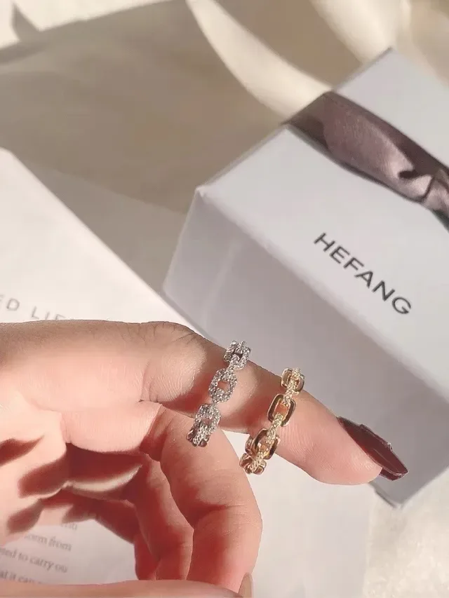 HEFANG Silver Red Chain-Link Band Pavé-Set Stones Ring 8