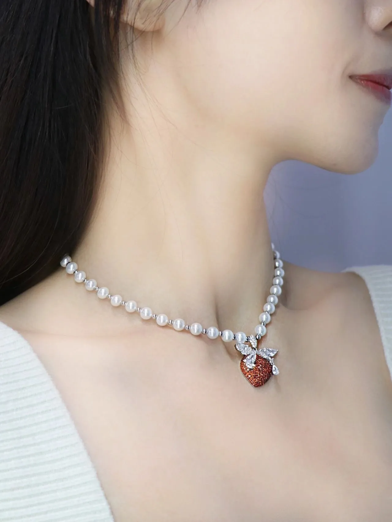 HEFANG Strawberry Pavé Red Pearl Necklace 3