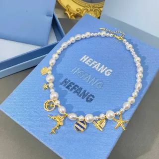 HEFANG Collier Chaîne de Perles avec Charms Nautiques en Or Blanc