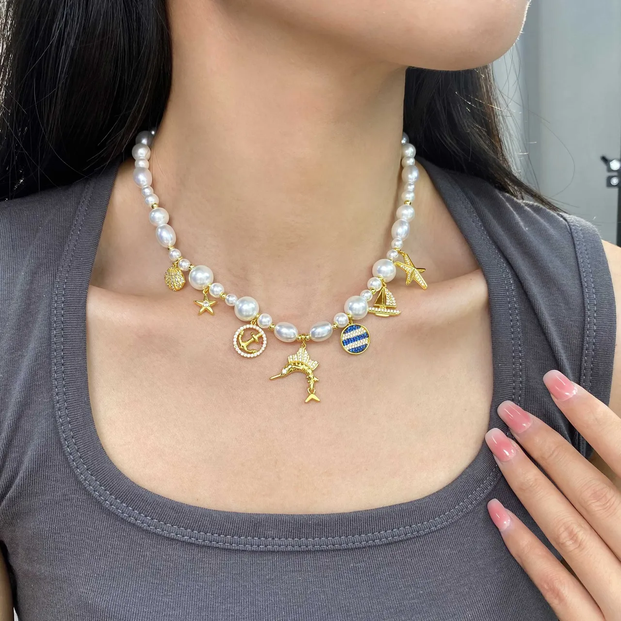 HEFANG White Gold Pearl Strand Nautical Charms Necklace 2