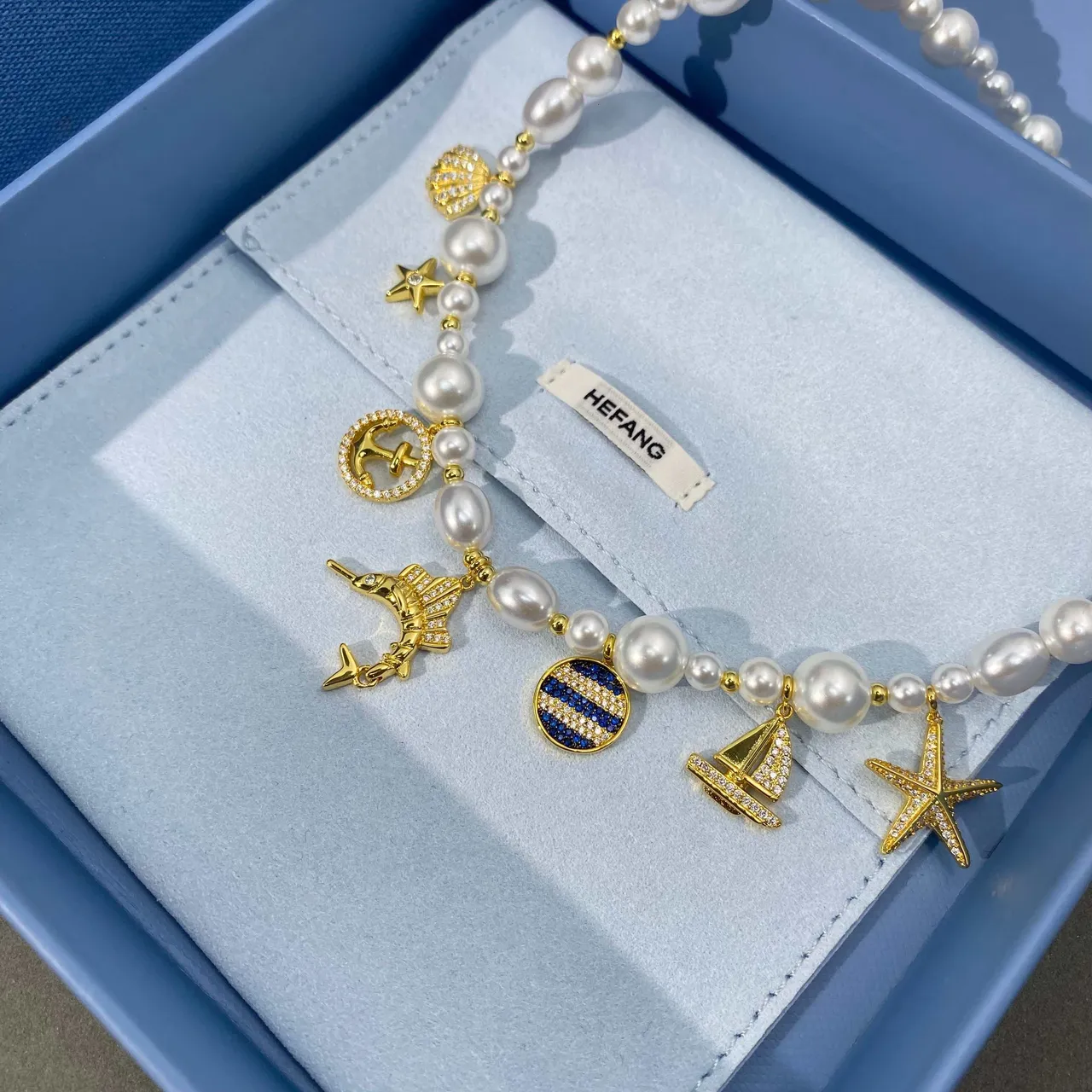 HEFANG White Gold Pearl Strand Nautical Charms Necklace 3