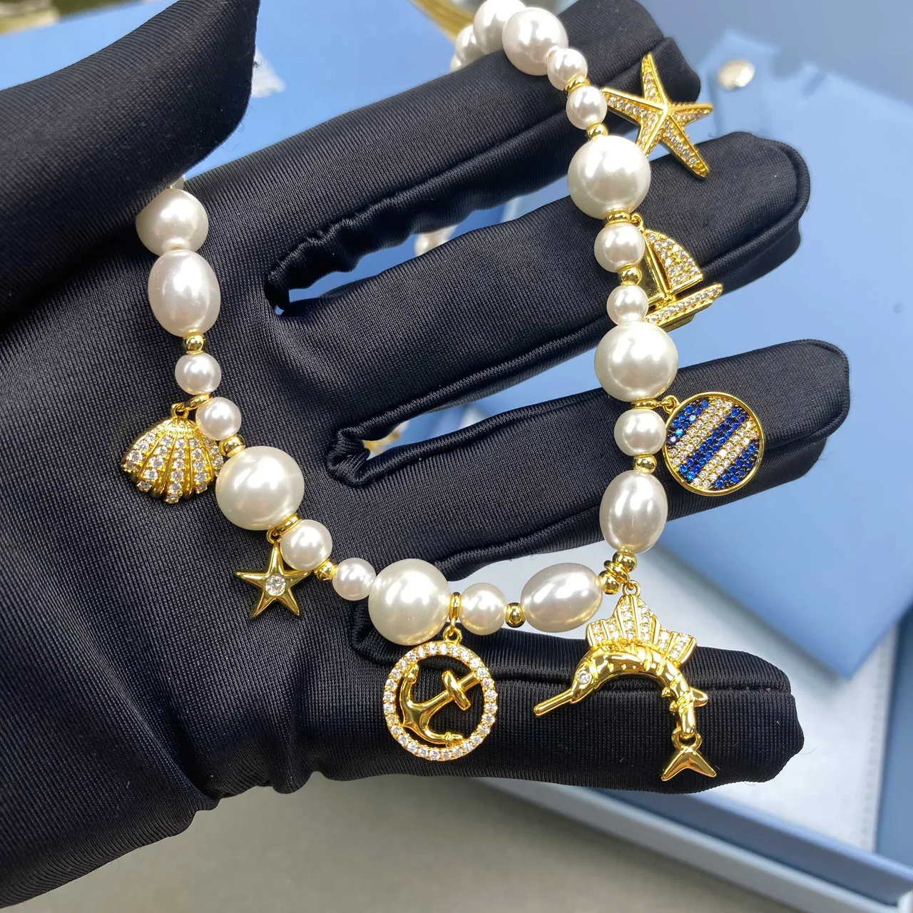 HEFANG White Gold Pearl Strand Nautical Charms Necklace 5