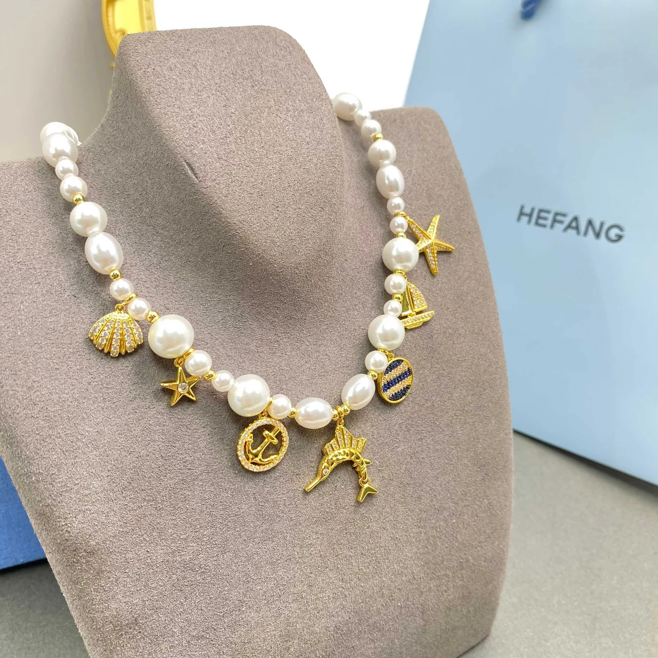 HEFANG White Gold Pearl Strand Nautical Charms Necklace 7
