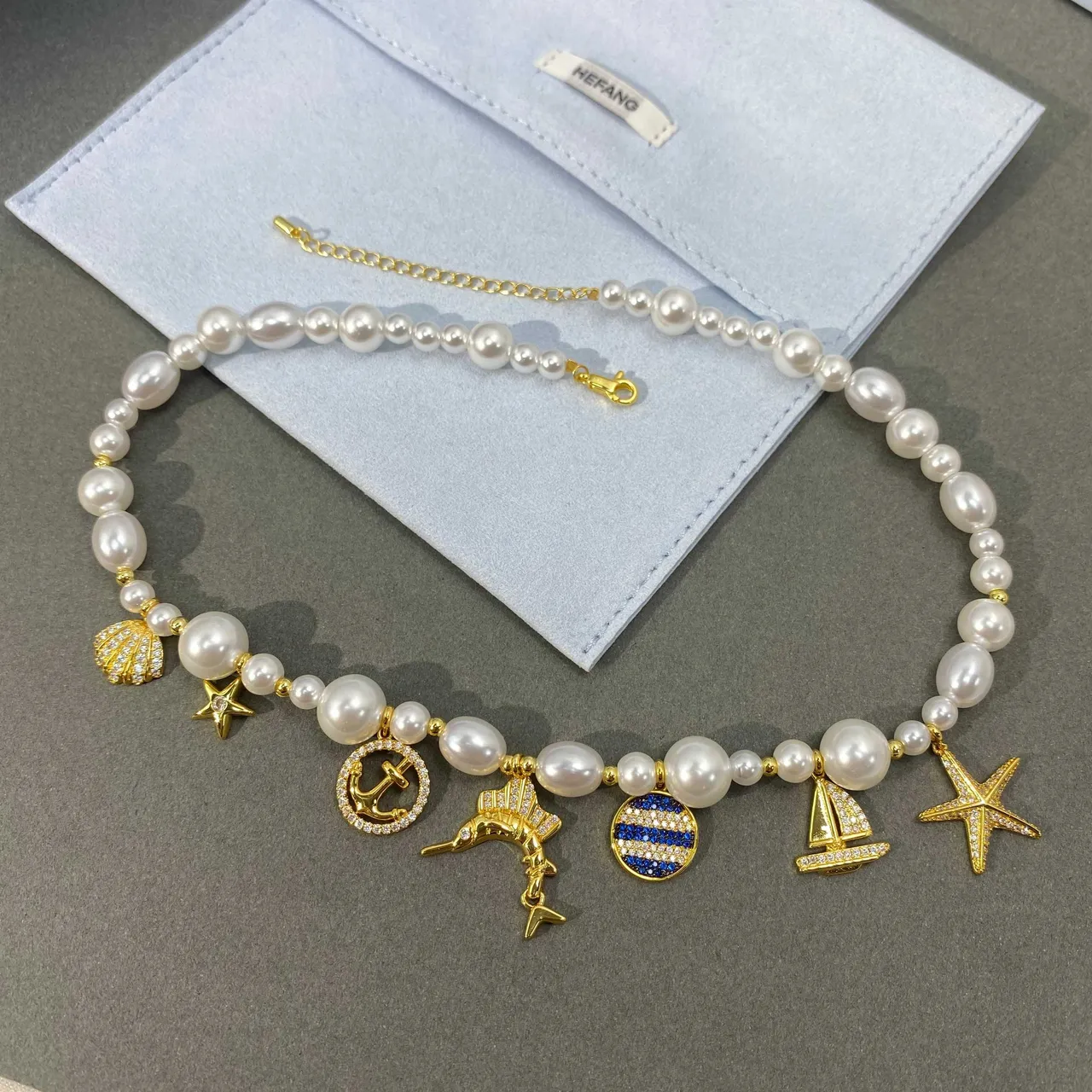HEFANG White Gold Pearl Strand Nautical Charms Necklace 9