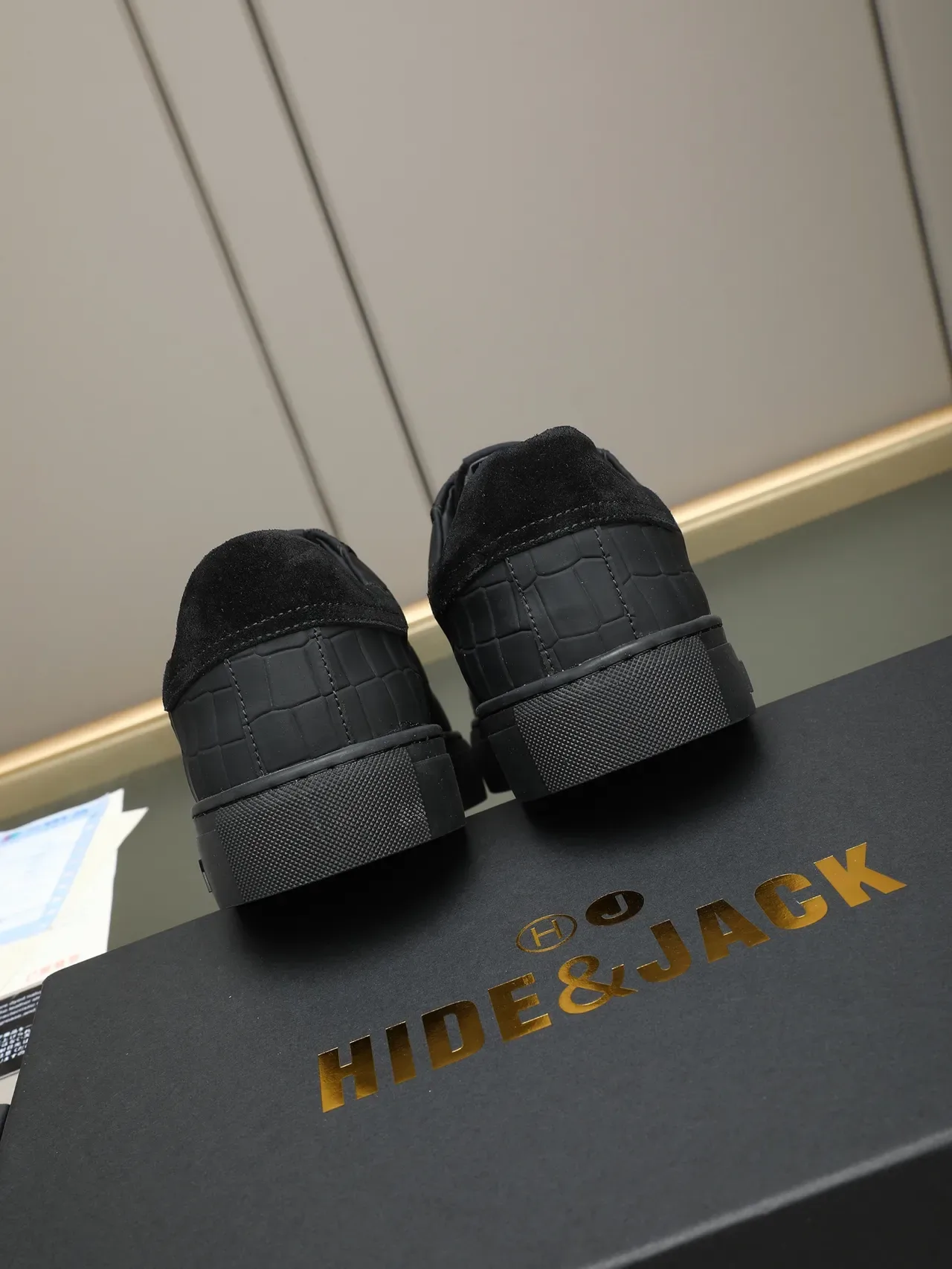 HIDE&JACK Croc-Embossed Leather and Suede Black Lifestyle Sneakers 3