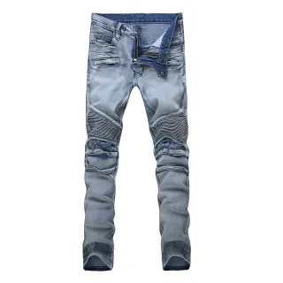 Light-Wash Distressed Moto-Panel Jeans