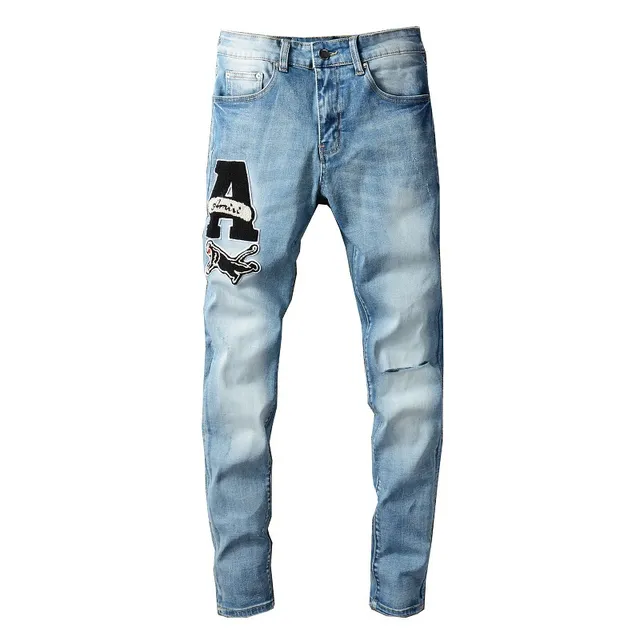 Jeans de lavage clair dégradé slim fit patch brodé 15