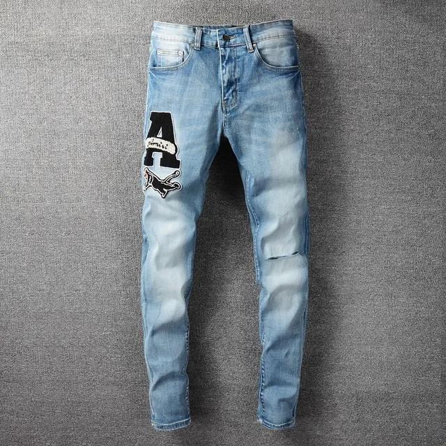 Jeans de lavage clair dégradé slim fit patch brodé 16