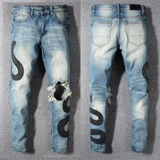 Light-Wash Distressed Snake Embroidery Slim-Fit Jeans