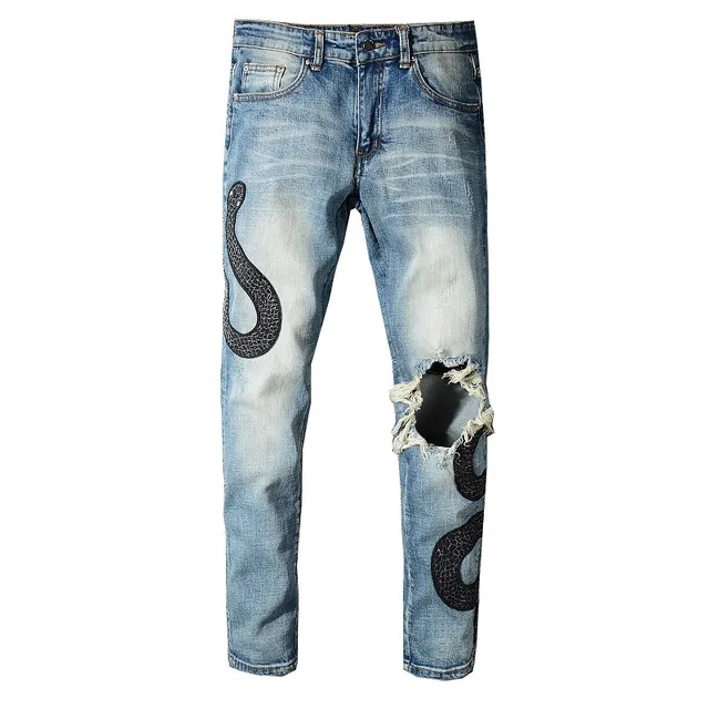 Light-Wash Distressed Snake Embroidery Slim-Fit Jeans 6