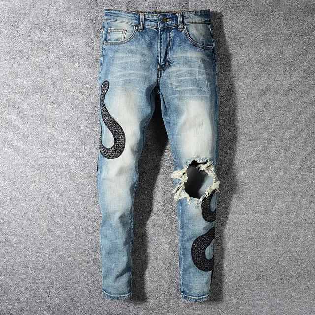 Light-Wash Distressed Snake Embroidery Slim-Fit Jeans 7