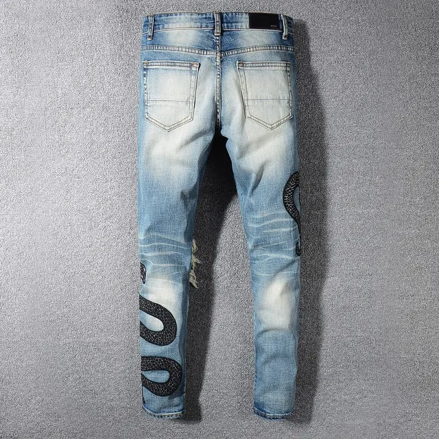 Light-Wash Distressed Snake Embroidery Slim-Fit Jeans 12