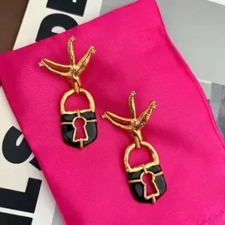 Lock-Shaped Enamel Black and Gold-Tone Bird Motif Earrings