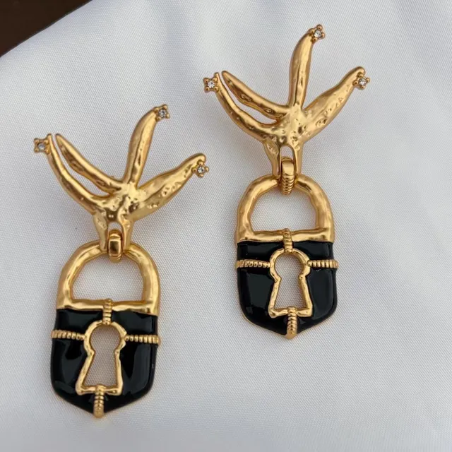 Lock-Shaped Enamel Black and Gold-Tone Bird Motif Earrings 2