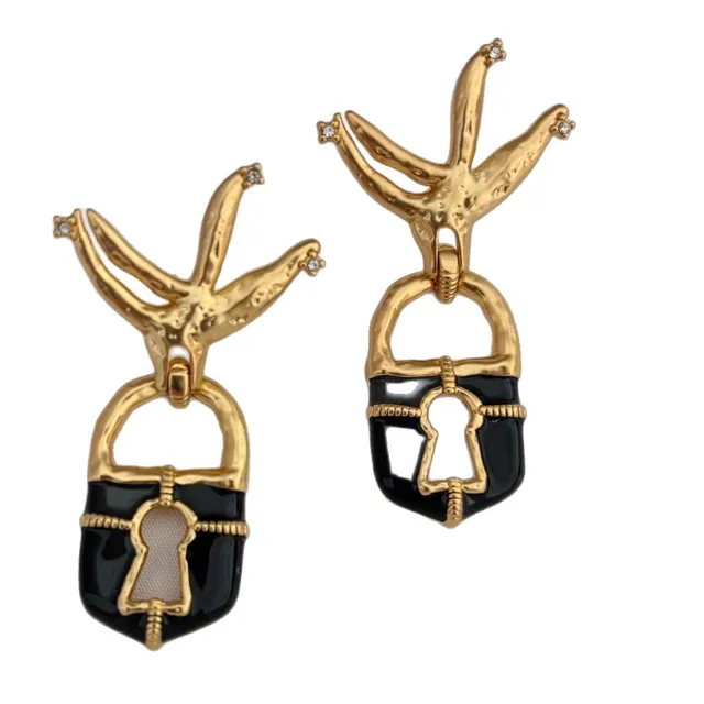 Lock-Shaped Enamel Black and Gold-Tone Bird Motif Earrings 3