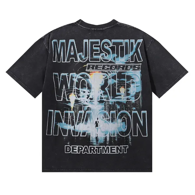 MAJESTIK Distressed Black Oversized Double-Sided Graphic UFO T-Shirt 2