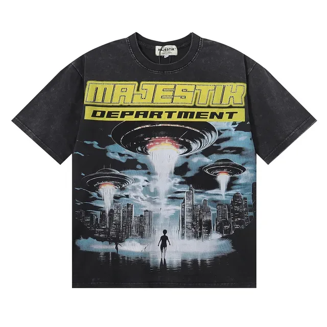 MAJESTIK Distressed Black Oversized Double-Sided Graphic UFO T-Shirt 3