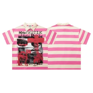 MAJESTIK Pink Beige Striped Studded Collar Polo Shirt