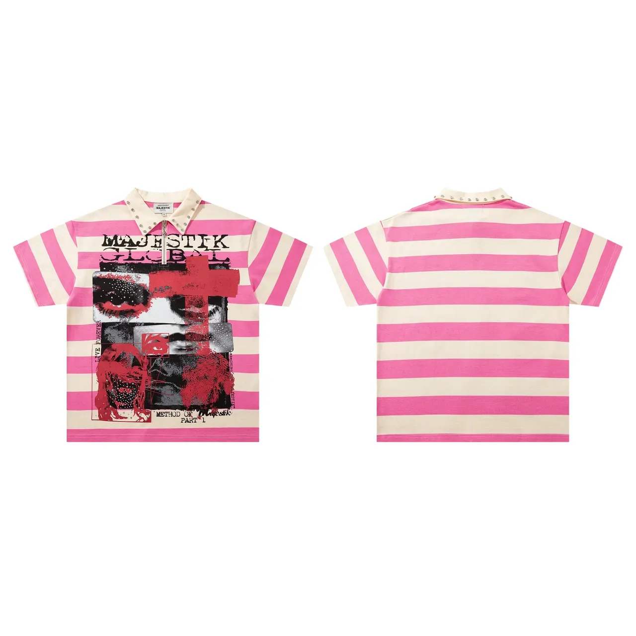 MAJESTIK Pink Beige Striped Studded Collar Polo Shirt 2