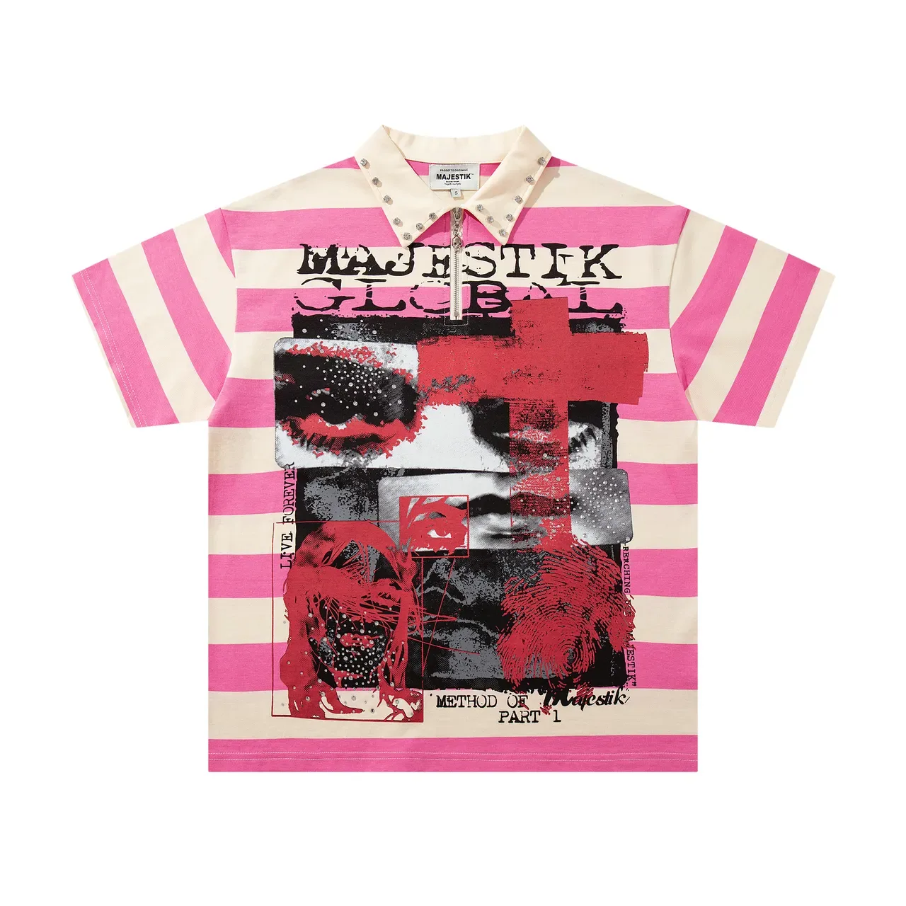 MAJESTIK Pink Beige Striped Studded Collar Polo Shirt 4