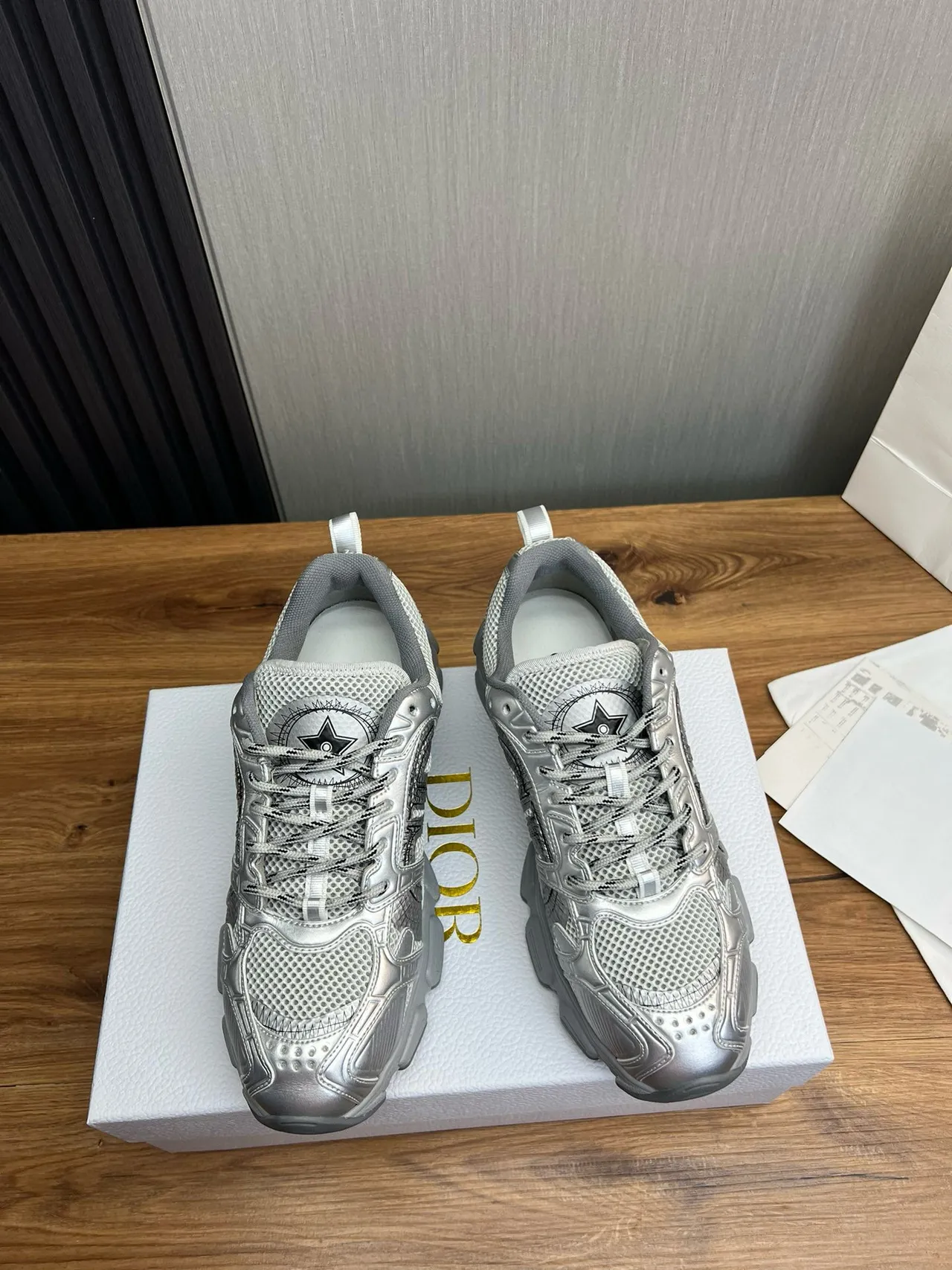 Metallic Silver Mesh and Synthetic Chunky Sneakers 2