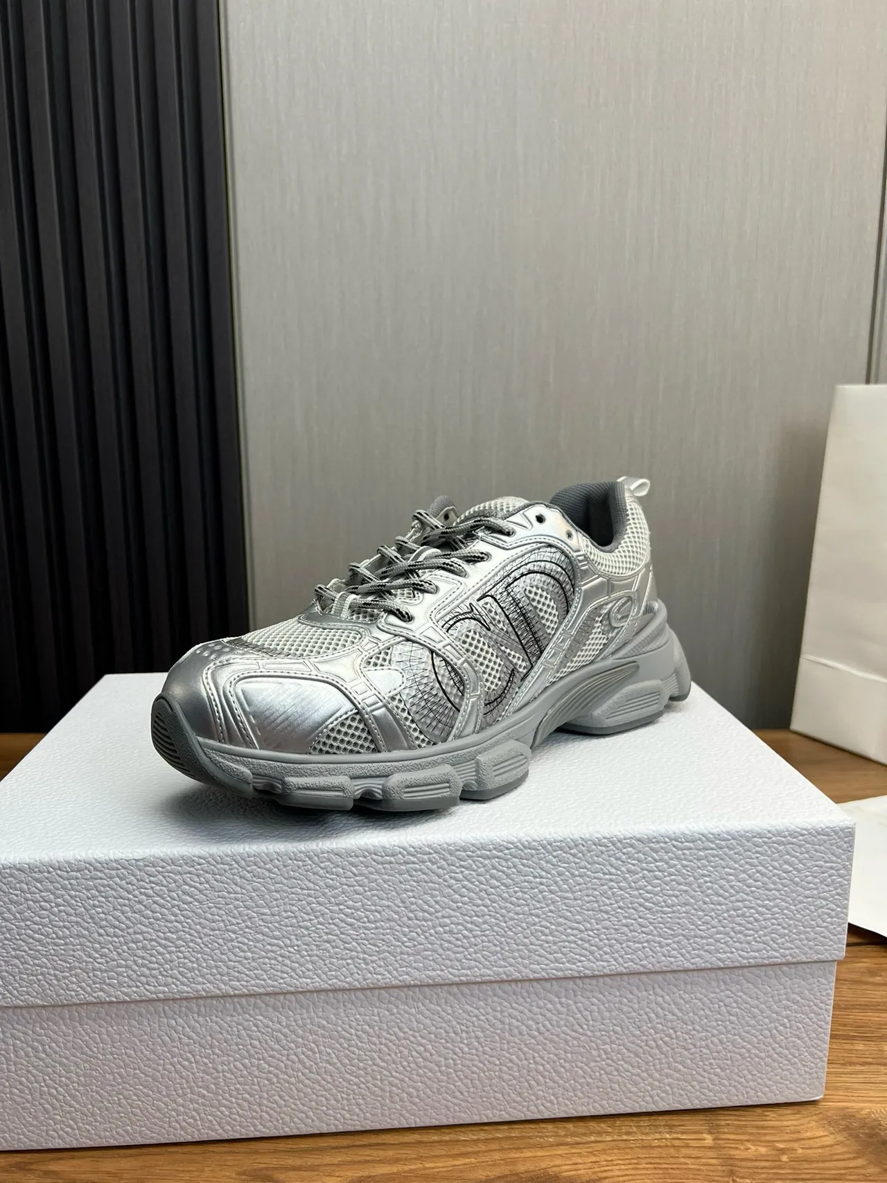 Metallic Silver Mesh and Synthetic Chunky Sneakers 3
