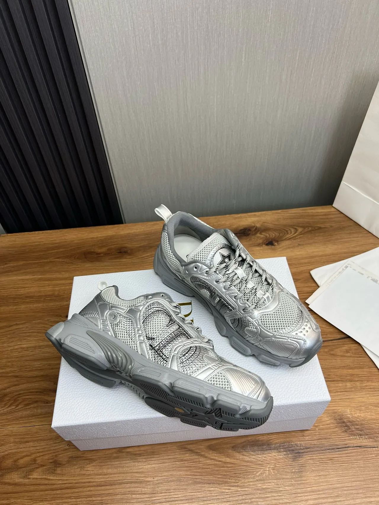 Metallic Silver Mesh and Synthetic Chunky Sneakers 4