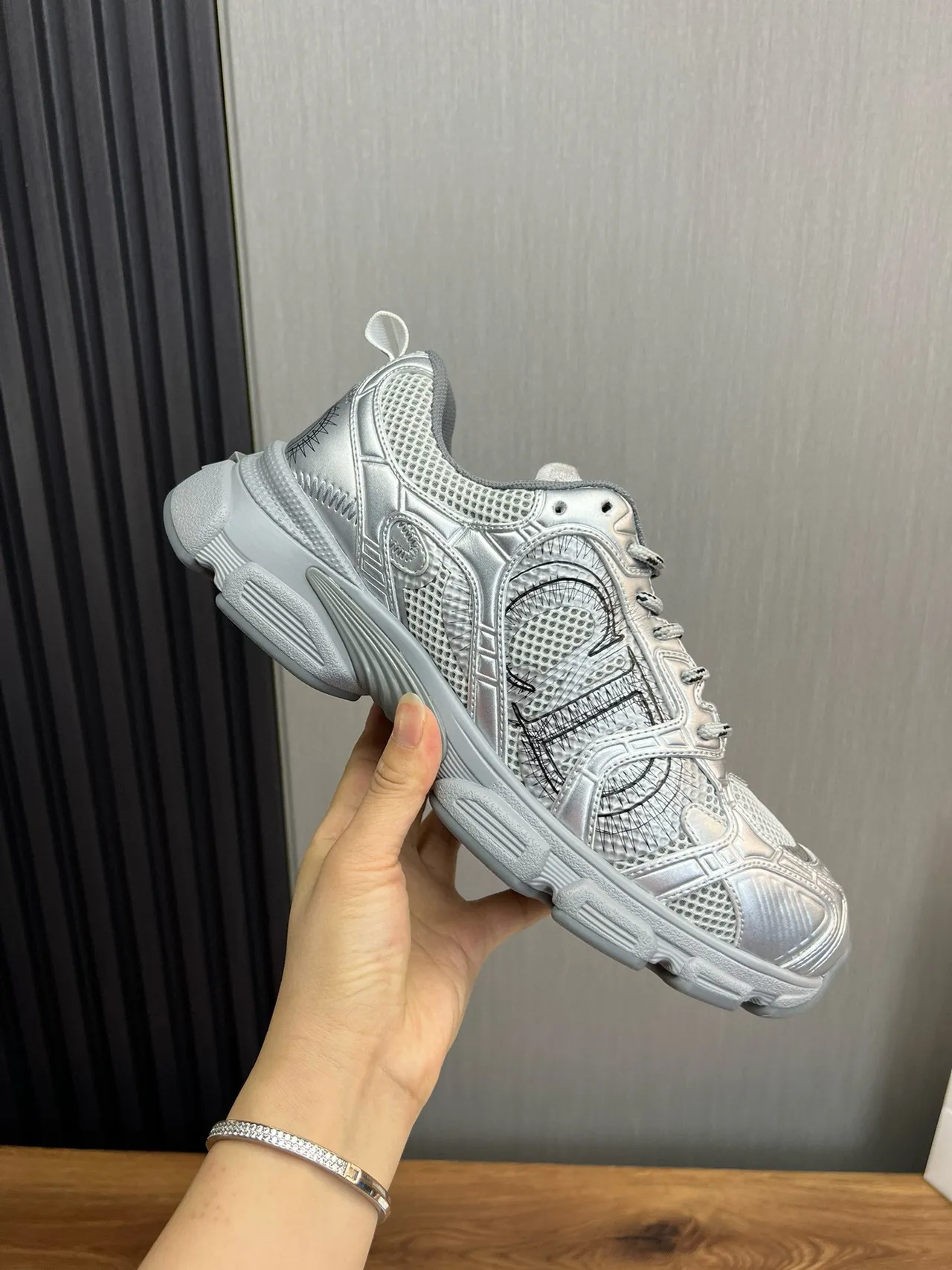 Metallic Silver Mesh and Synthetic Chunky Sneakers 6