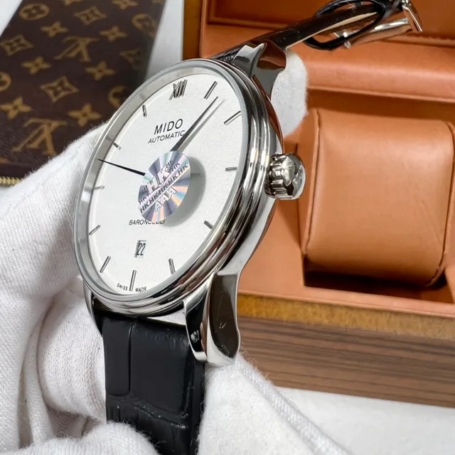 Mido Baroncelli Cadran Branco Pulseira de Alligator Preta Relógio Mecânico 6