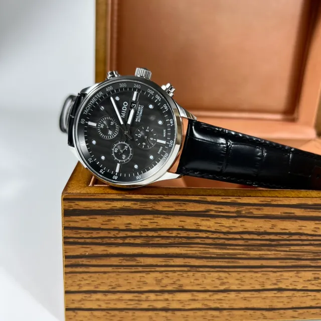 Mido Multifort Chronograph Automatic Gray Dial Black Leather Strap Mechanical Watch 3
