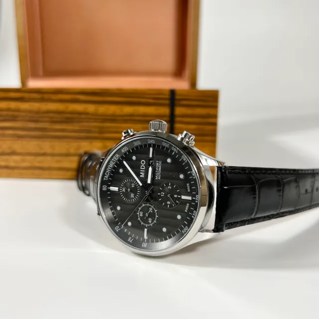 Mido Multifort Chronograph Automatic Gray Dial Black Leather Strap Mechanical Watch 5
