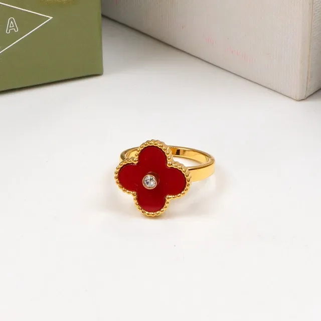 Multicolor Four-Leaf Clover Motif Enamel Inlay Ring 12