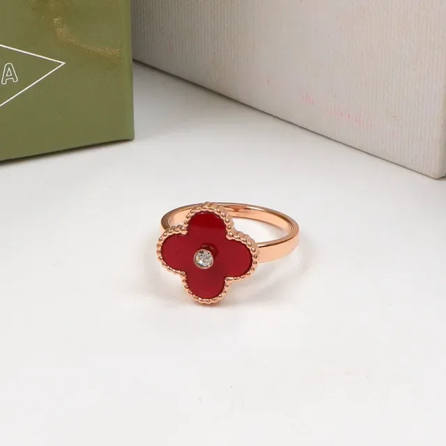 Multicolor Four-Leaf Clover Motif Enamel Inlay Ring 16