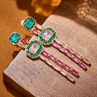 Multicolor Gemstone Octagonal Halo Dangling Earrings