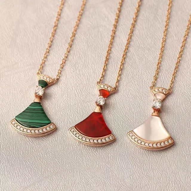 Multicolor Gold Fan-Shaped Pendant Stone Inlay Necklace 8