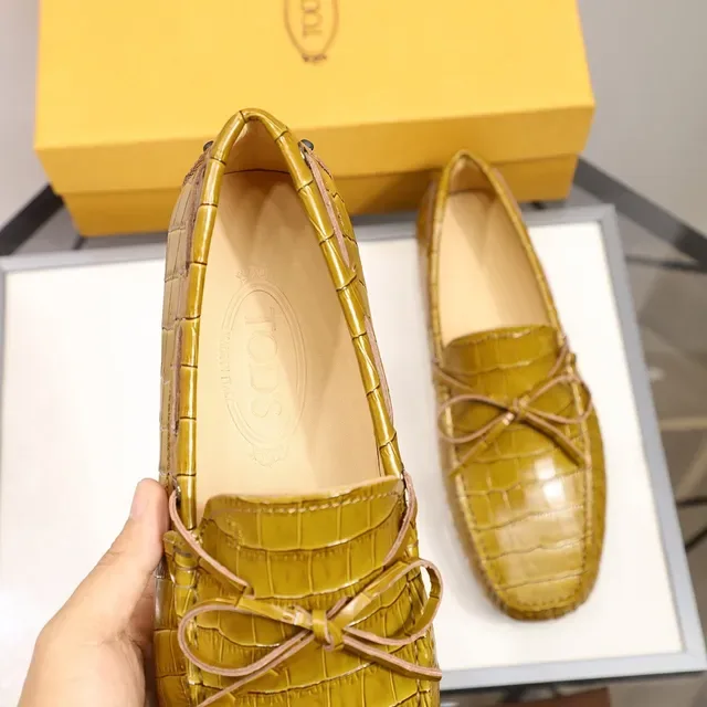 Mustard Yellow Croc-Embossed Bow Loafers 4