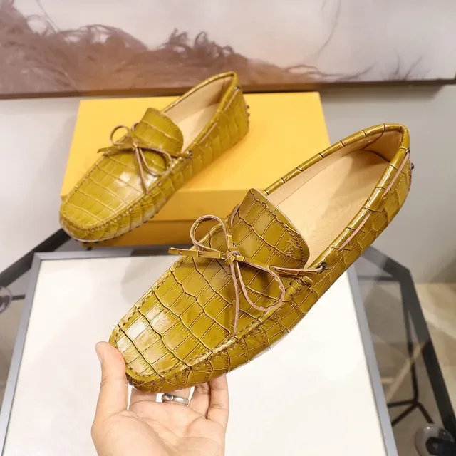 Mustard Yellow Croc-Embossed Bow Loafers 6