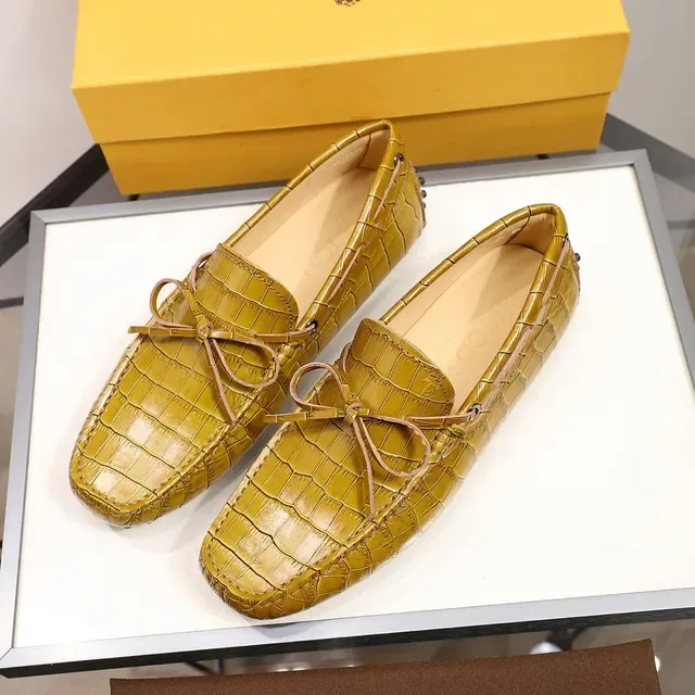 Mustard Yellow Croc-Embossed Bow Loafers 8
