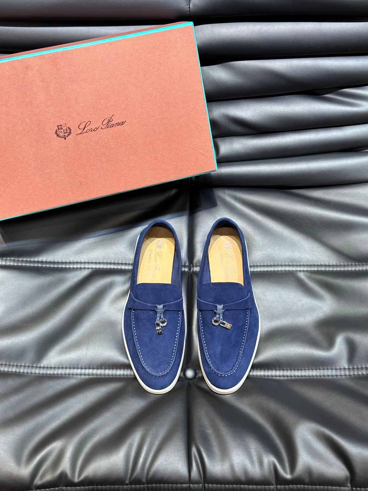 Navy Beige Suede Upper Metal-Accented Strap Loafer 2